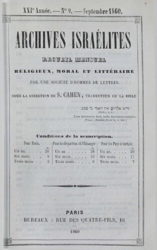 Archives israélites de France. Vol.21 N°09 (septembre 1860)